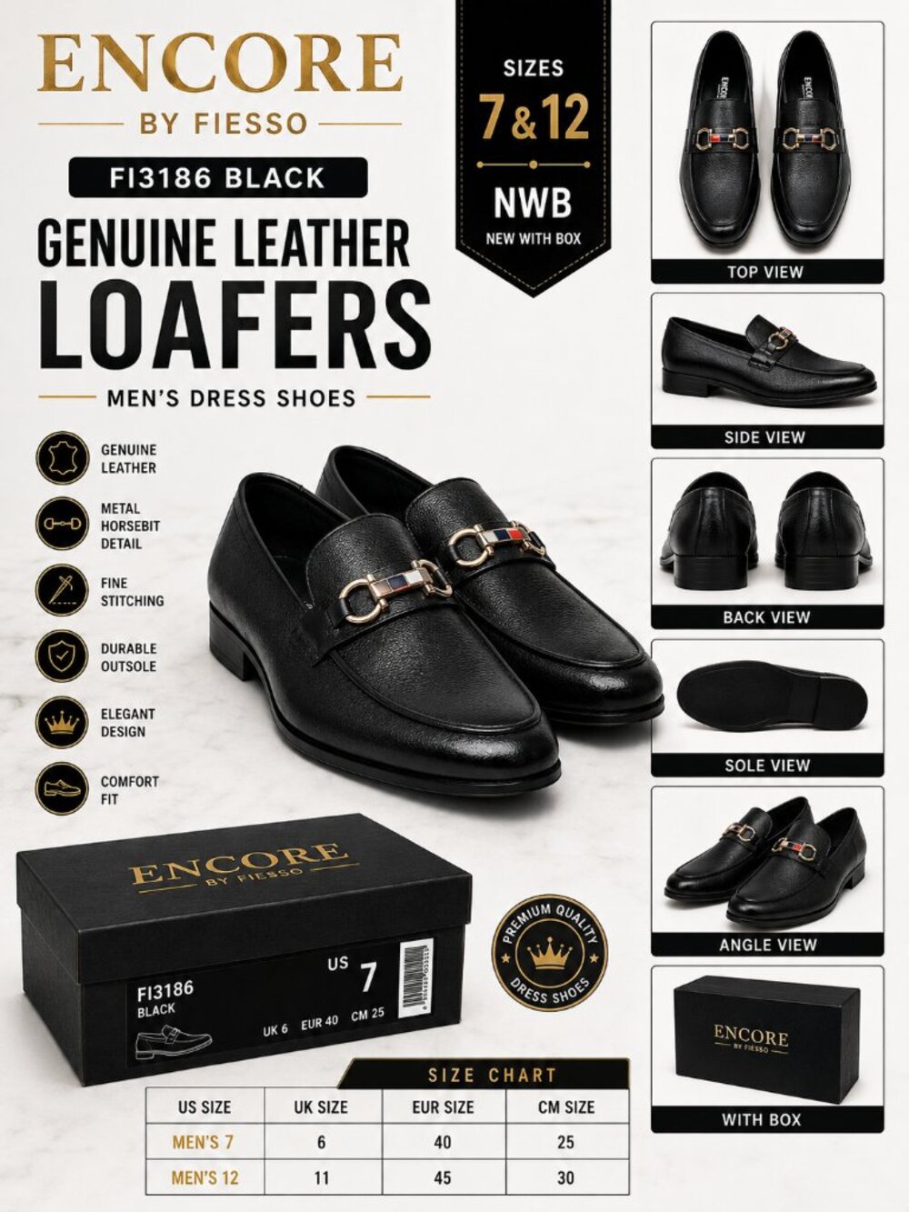 NWB Fiesso FI3186 Genuine Leather Dress Shoes Black Sizes 7 & 12